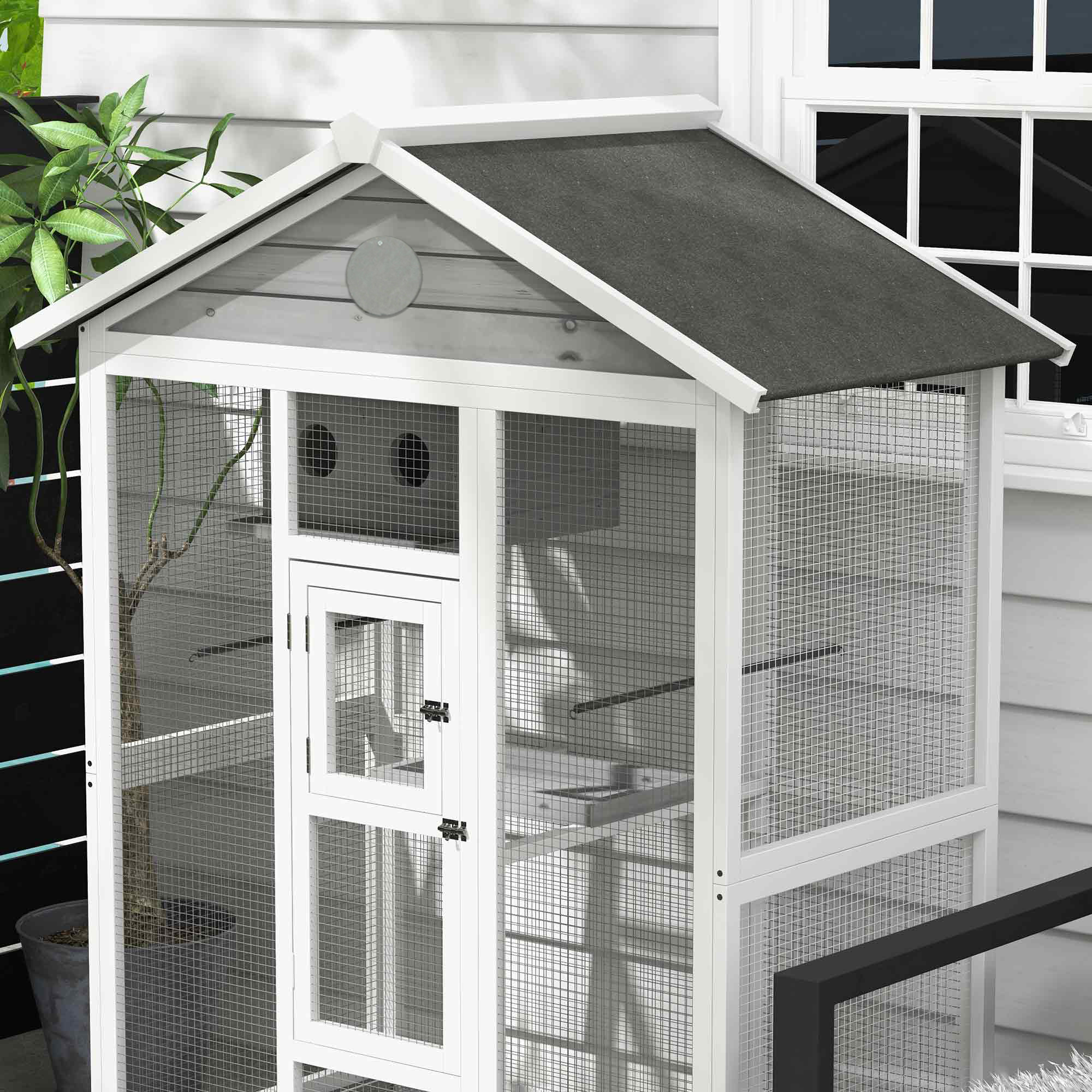 PawHut Houten vogelkooi met 4 zitstokken, asfaltdak, waterdicht, 112 x 68 x 154 cm
