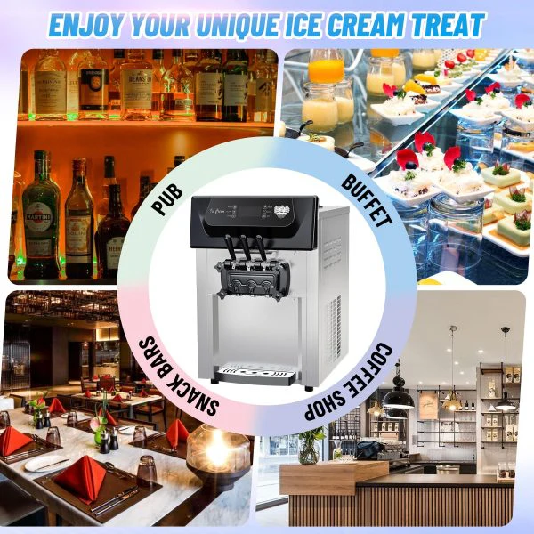 2200W Commercial Ice Cream Machine. 3 Flavor Soft Serve Ice Cream Machine. 5.3-7.4 Gal/Hr. with LCD Touch Screen. Automatic Cleaning. High Productivity for Home Snack Bar & Restaurants