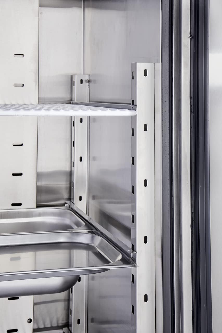 METRO Professional Kühlschrank GRE2700, Edelstahl, 73 x 80.5 x 206.5 cm, 455 L, Umluftkühlung, 220 W, mit Schloss, 4 verstellbare Einlegeböden, silber