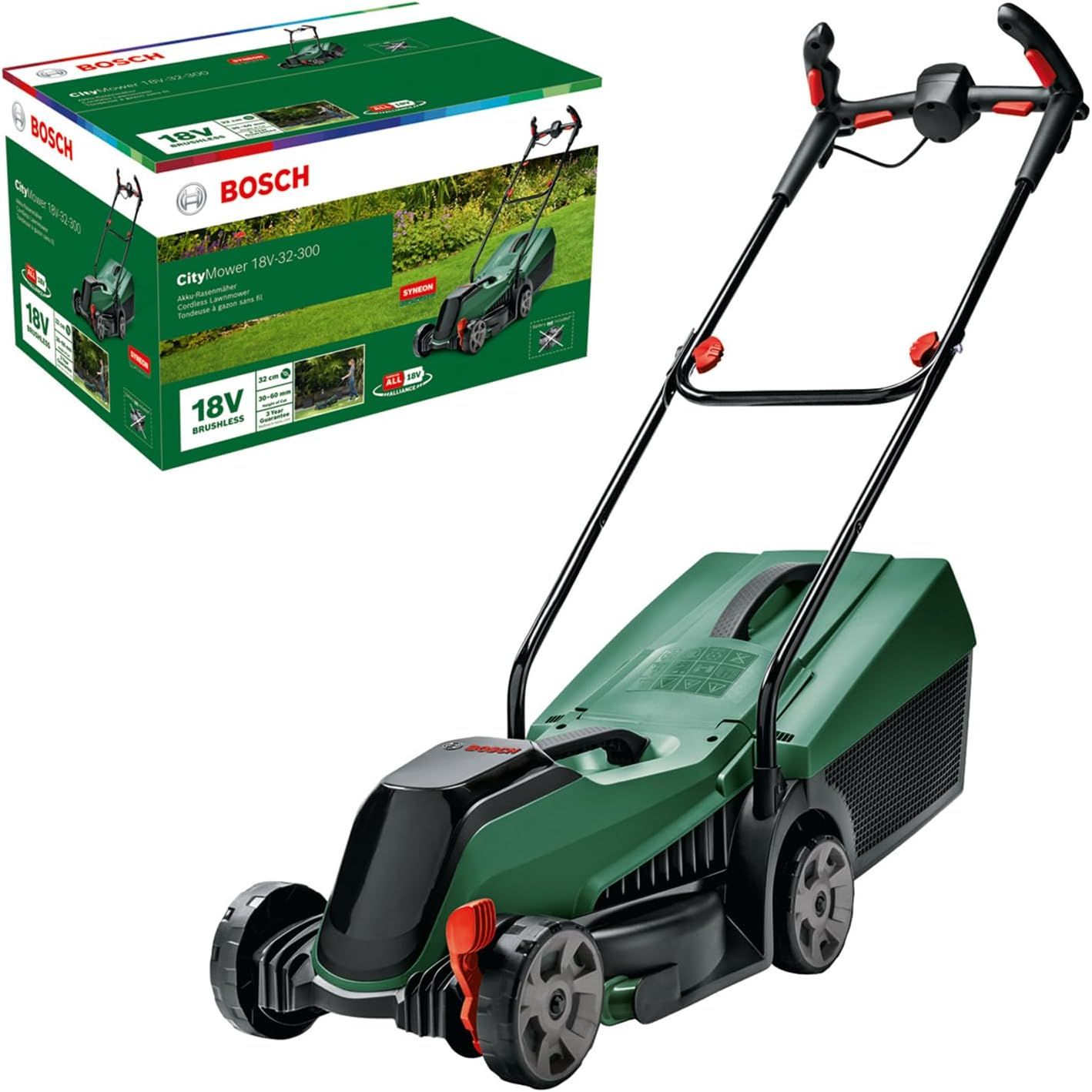 Bosch 18V Cordless Lawn Mower - Brushless, 32cm Cutting Width, Adjustable Height 20-60mm