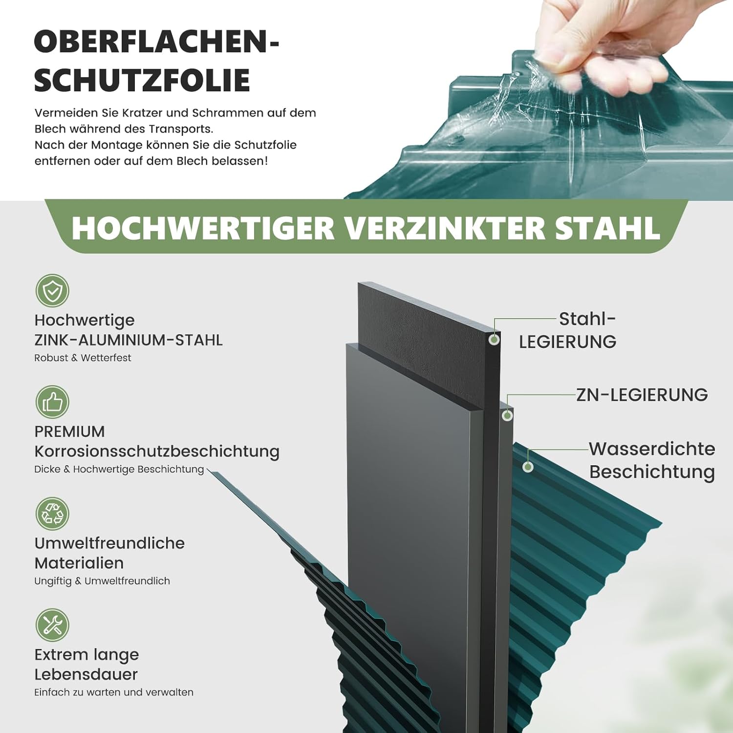 UDPATIO Gartenhaus Metall 260 x 176 x 190 cm mit Fenster, abschließbarer Tür und Belüftung, Fahrradgarage mit Pultdach, Geräteschuppen für Werkzeuge, Ausrüstung, Wasserdicht, Verzinkter Stahl, Grün