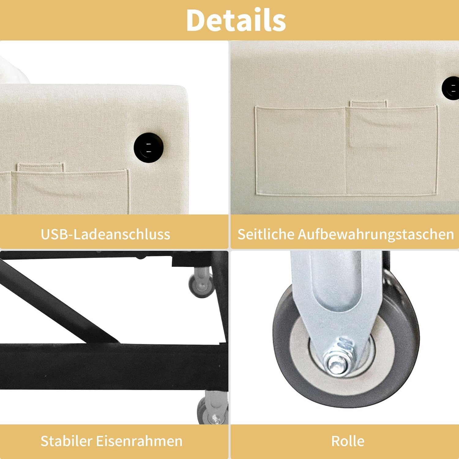 Loveseat-Sofa, 3-in-1-Ausziehsofa mit Verstellbarer Rückenlehne, USB, Armlehnentaschen und Kissen. Geeignet für Wohnzimmer, Schlafzimmer, Wohnung Usw.，Beige