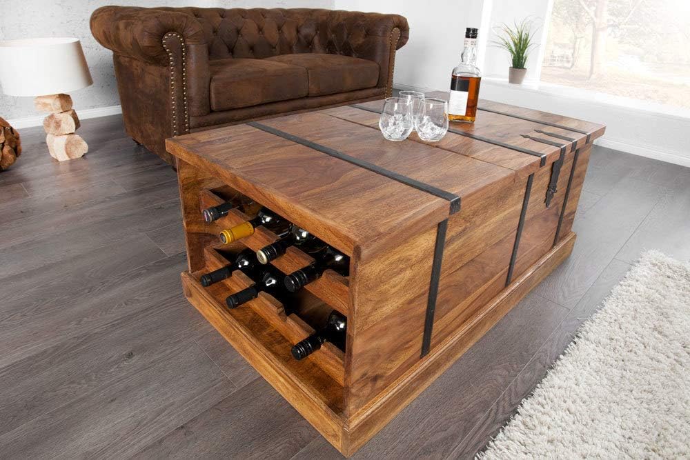 Invicta Interior riess-Ambiente Massiver Couchtisch Hausbar Bodega 100cm Sheesham Stone Finish Aufbewahrung Wohnzimmertisch Truhe Barschrank