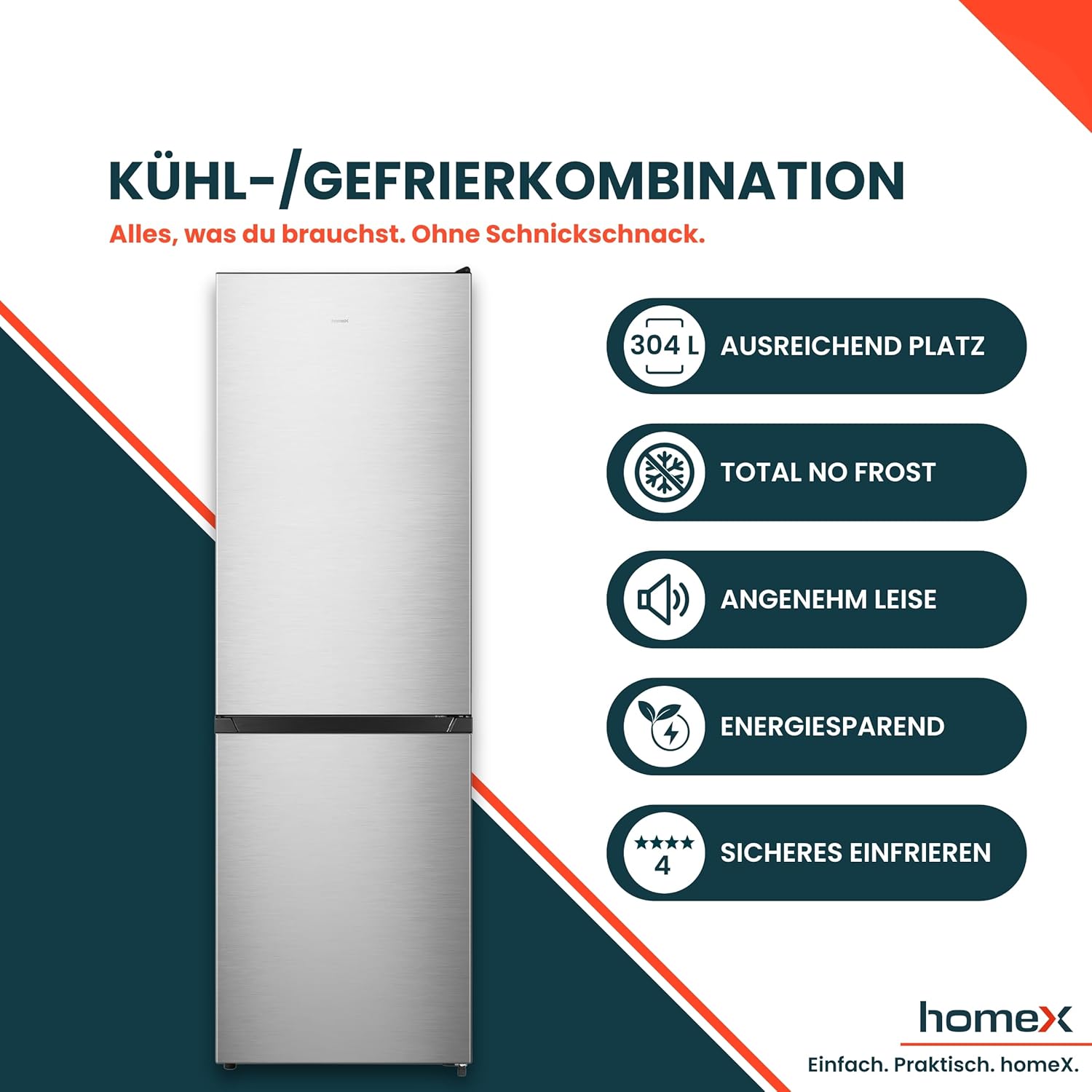 homeX Kühlschrank mit Gefrierfach No Frost, Kühl-Gefrier-Kombination freistehend, groß - 304 Liter, Fresh Box, Super-Frost, leise 35 dB, EEK A, Kühl Gefrierkombination, silber, CFSN3041A-S
