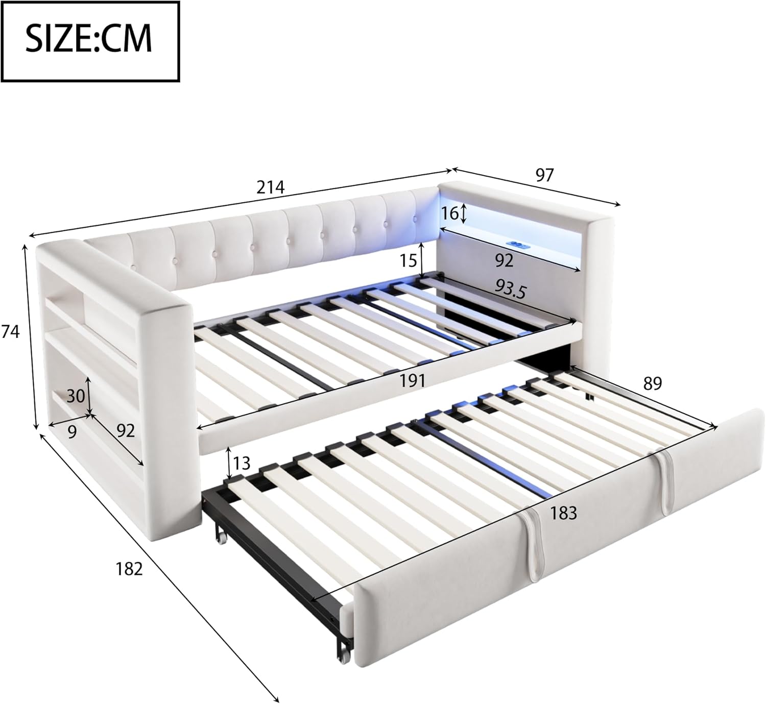 Cama tapizada 90/180 × 190 cm, con iluminación LED, enchufes y mucho espacio de almacenamiento; cama tapizada, cama individual, sofá cama multifuncional, color beige