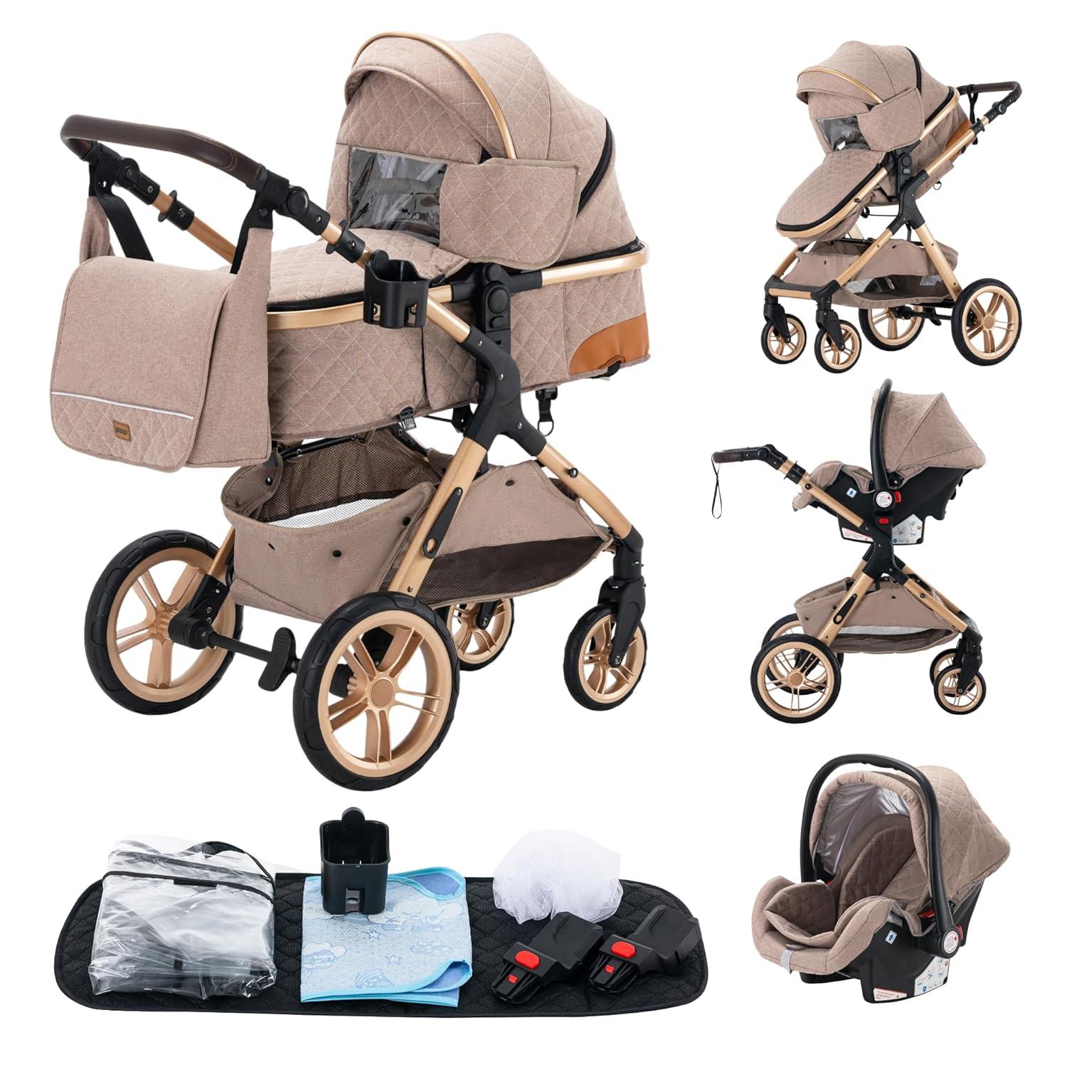 YAZOCO kinderwagen 3 in 1 Buggy Babybett Komplett Set Einem Klick Zusammenklappbarer Kinderwagen, KombiKinderwagen Aluminiumrahmen für Neugeborene (Schwarz)