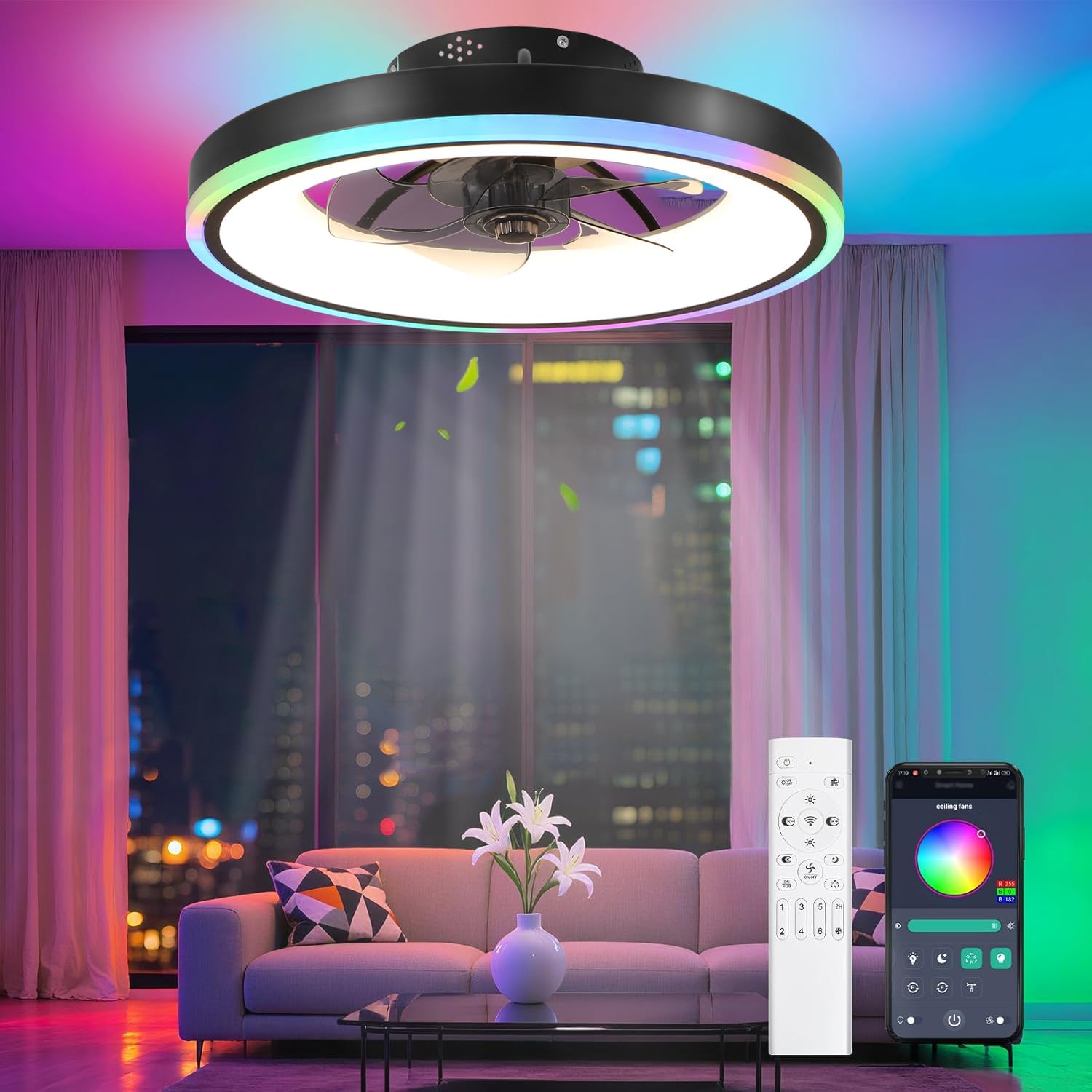 RGB Deckenventilator mit Beleuchtung, Leise Deckenlampe mit Ventilator mit Fernbedienung und APP, 6 Gang, 60W LED Deckenventilator mit Licht Dimmbar für Schlafzimmer, Wohnzimmer, 3000-6500k, 50cm