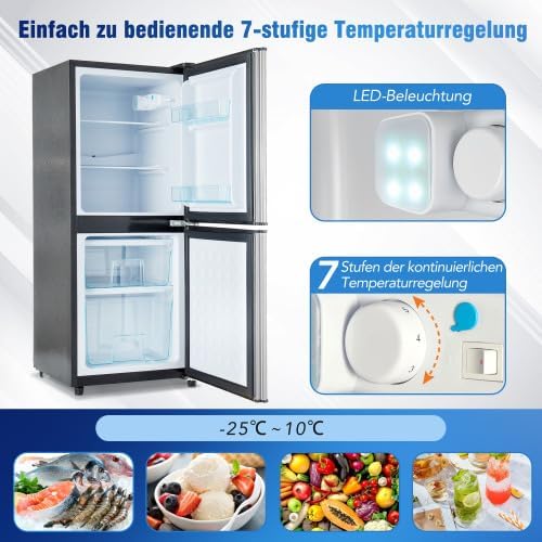 Merax Retro Kühlschrank mit Gefrierfach – 106L Mini Kühlschrank, 60L Kühlschrank + 46L Gefrierschrank, 7 Temperatureinstellungen, LED-Licht, Silber-Tür, 166 kWh/Jahr, Energieklasse E