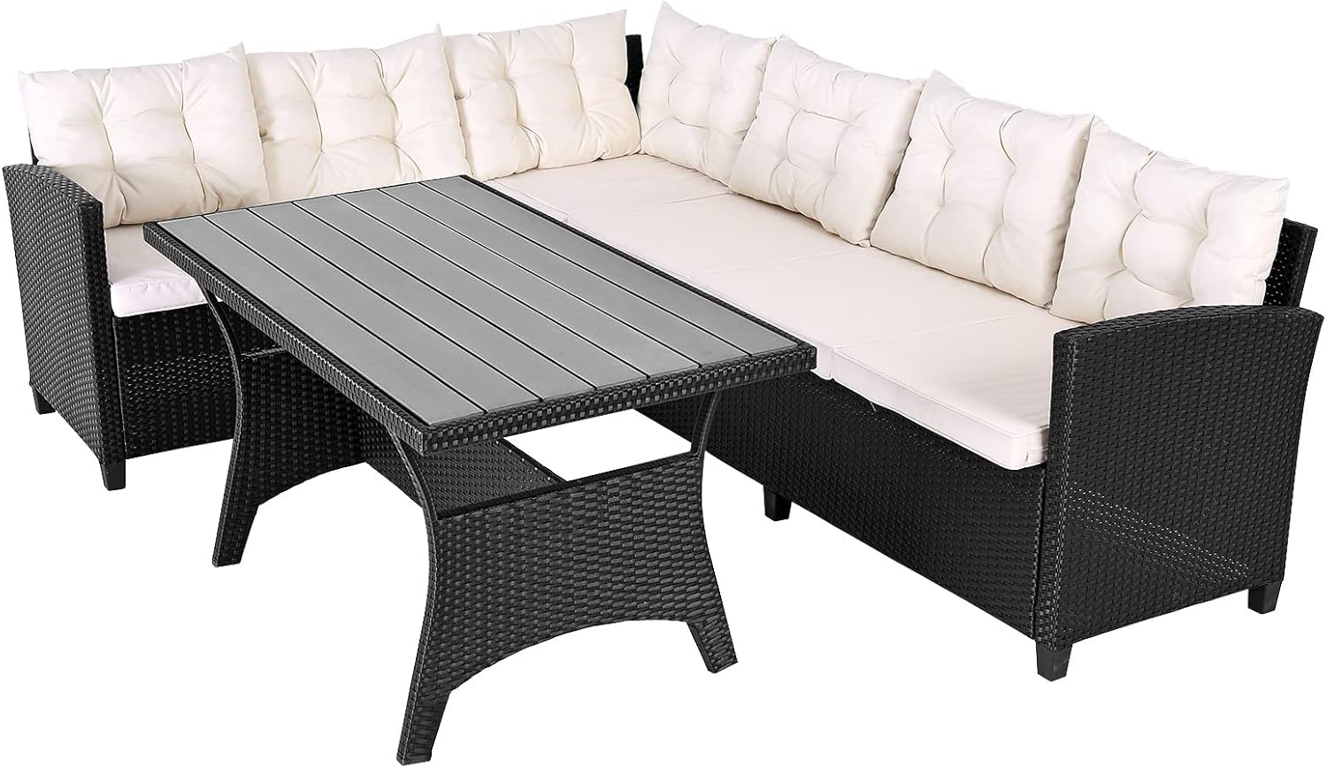 Casaria® Polyrattan Ecklounge Set WPC Esstisch Ecksofa inkl. 7cm Sitzauflagen 15cm Kissen Wetterfest Outdoor Lounge Garten Terrasse Balkon Möbel Schwarz