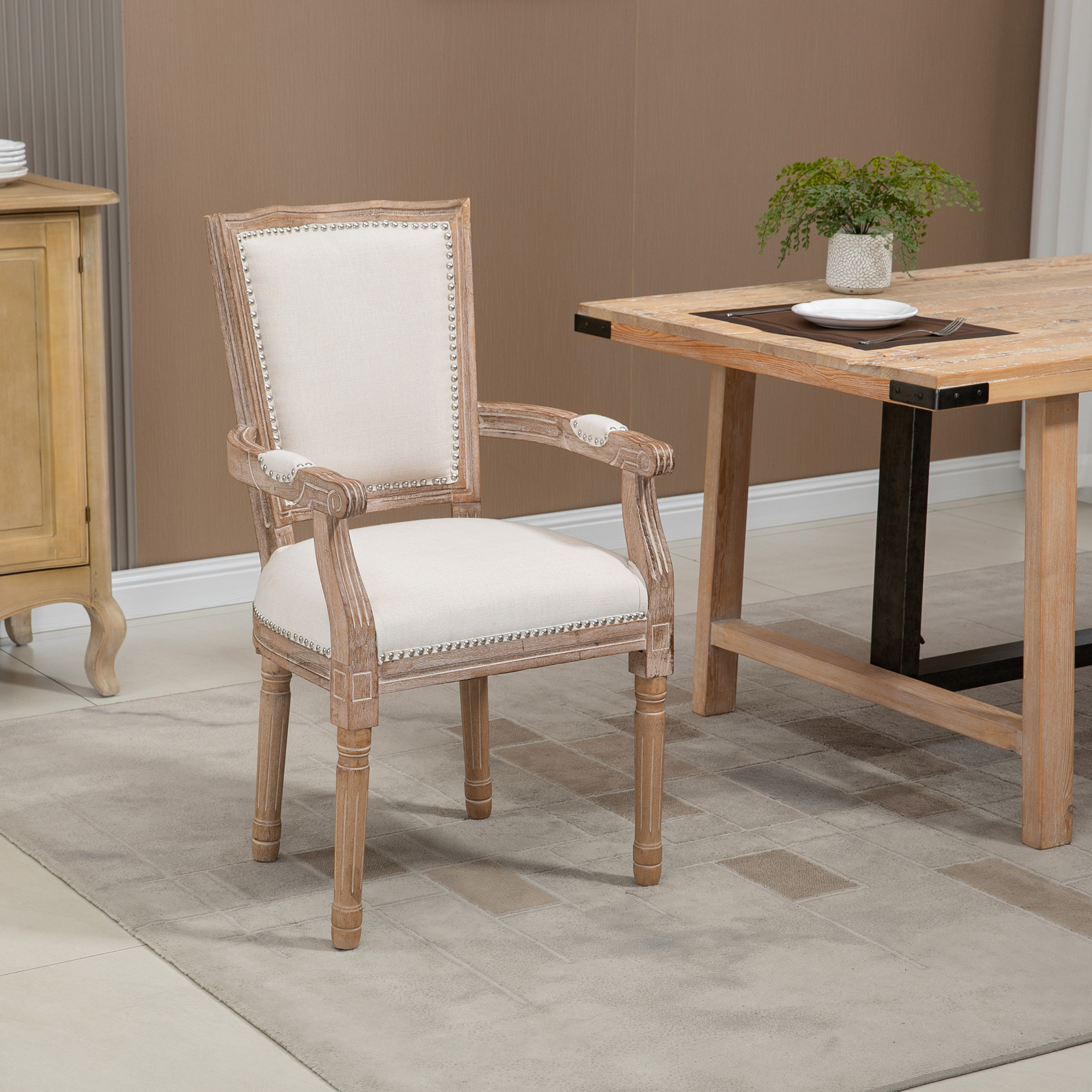eetkamerstoel, keukenstoel, decor met studs, Franse landelijke stijl, rubberhout, roomwit, 59 x 63,5 x 96 cm