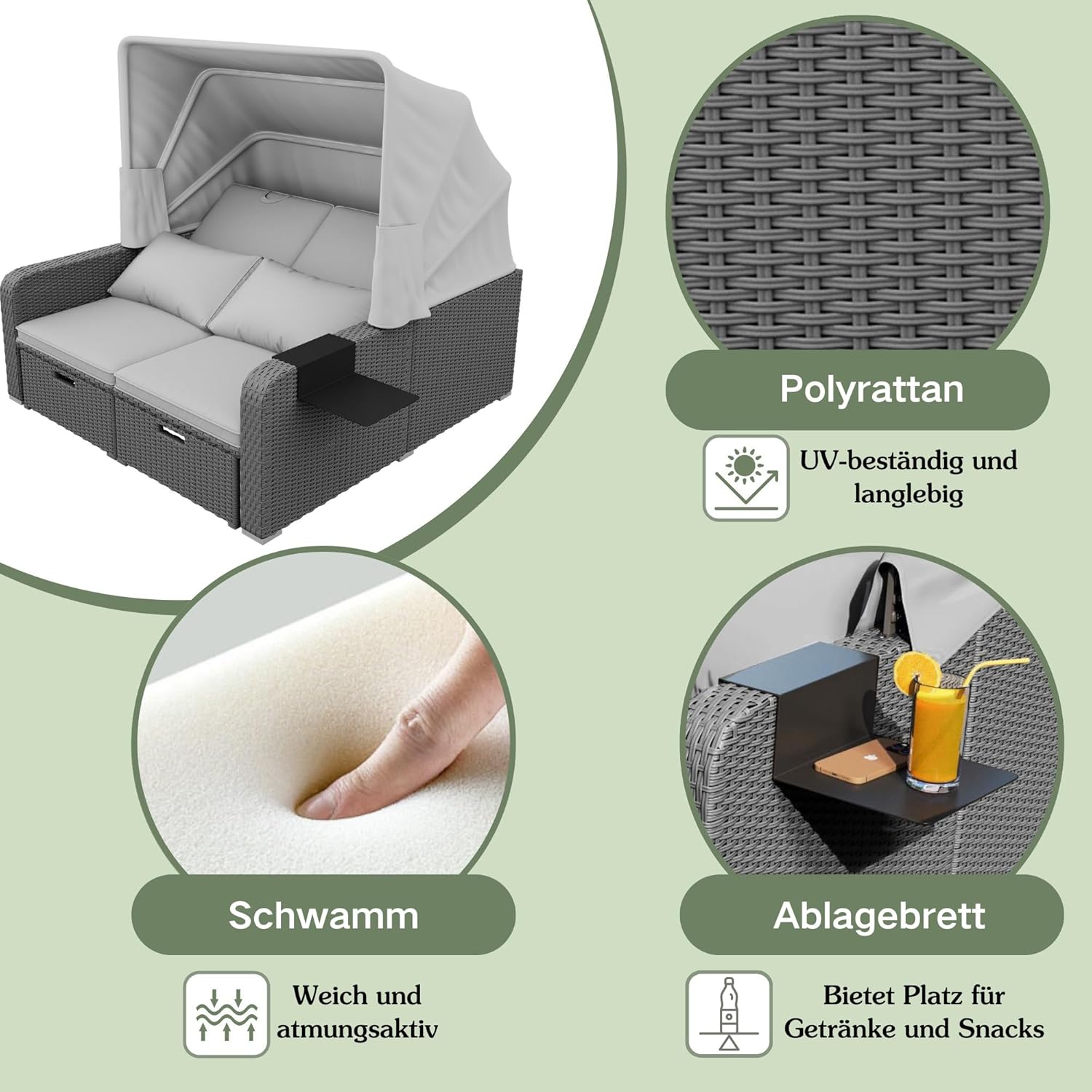 Polyrattan Gartenmöbel für 2 Personen, Gartensofa, Loungesofa, Abnehmbare Markise, Polyrattan und Schwamm, Gray