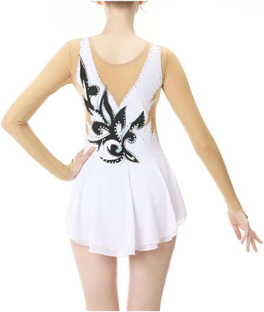 purpleq Damen Tanzkleid Eiskunstlauf Kleid Damen Eislaufen Rollschuh Kleid Damen Langarm Kürkleid Strasssteine Rollkunstlaufkleid Leotard Tanzanzug Wettbewerb Tanzkostüm
