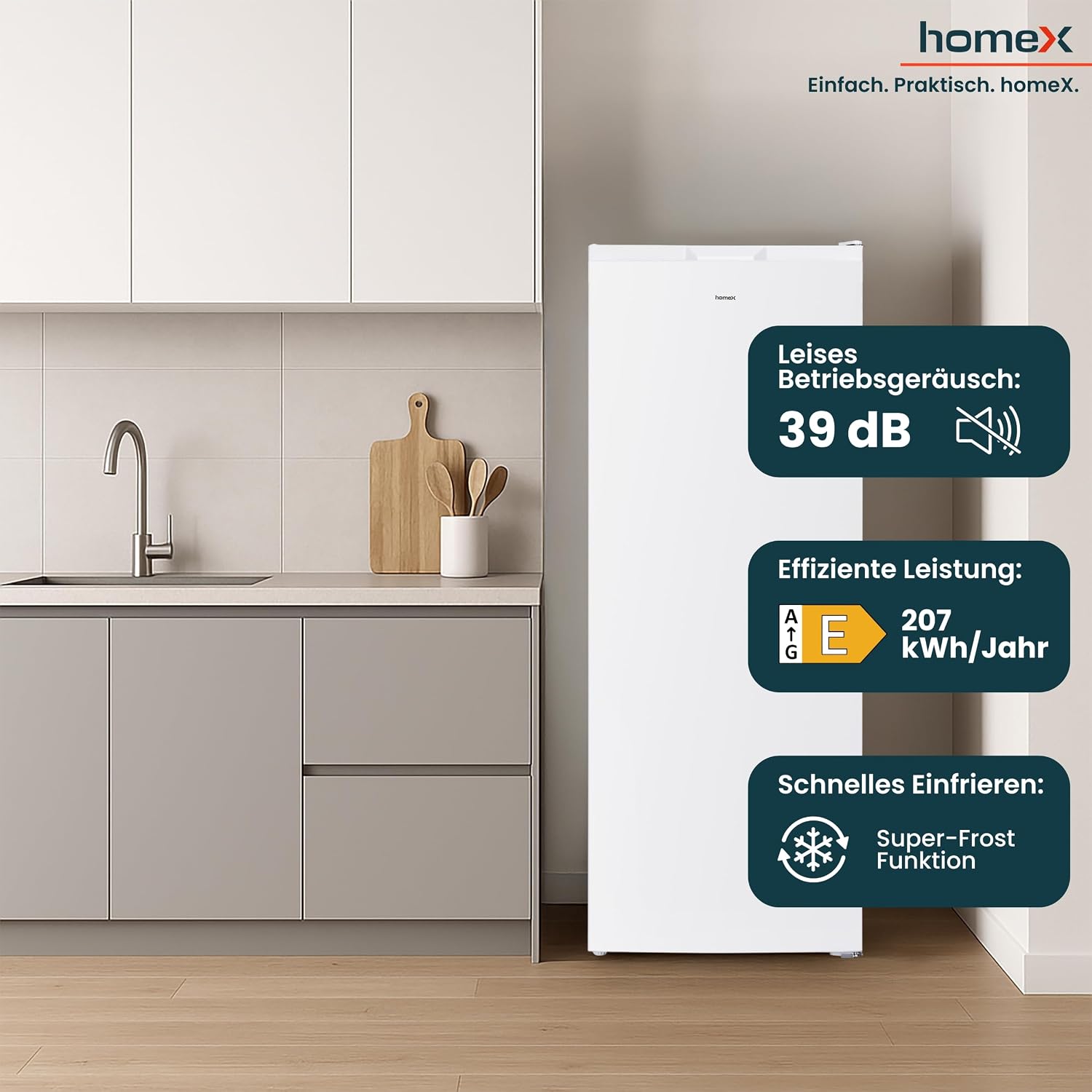 homeX Gefrierschrank NoFrost, Tiefkühlschrank groß - 161L Nutzinhalt, 4-Sterne Gefrieren, Freezer No Frost, Gefrierschränke freistehend, Temperaturregelung, Super-Frost-Funktion, leise 39 dB, weiß