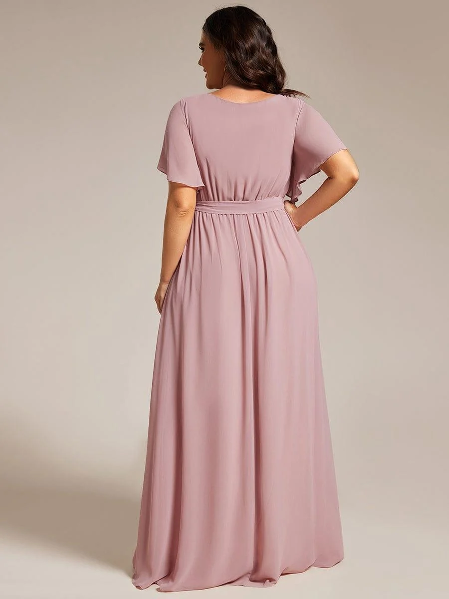 Abendkleid Damen Maxi A-Linie aus Chiffon | Festliches Kleid f��r Hochzeitsg?ste mit V-Ausschnitt und Fl��gel?rmeln