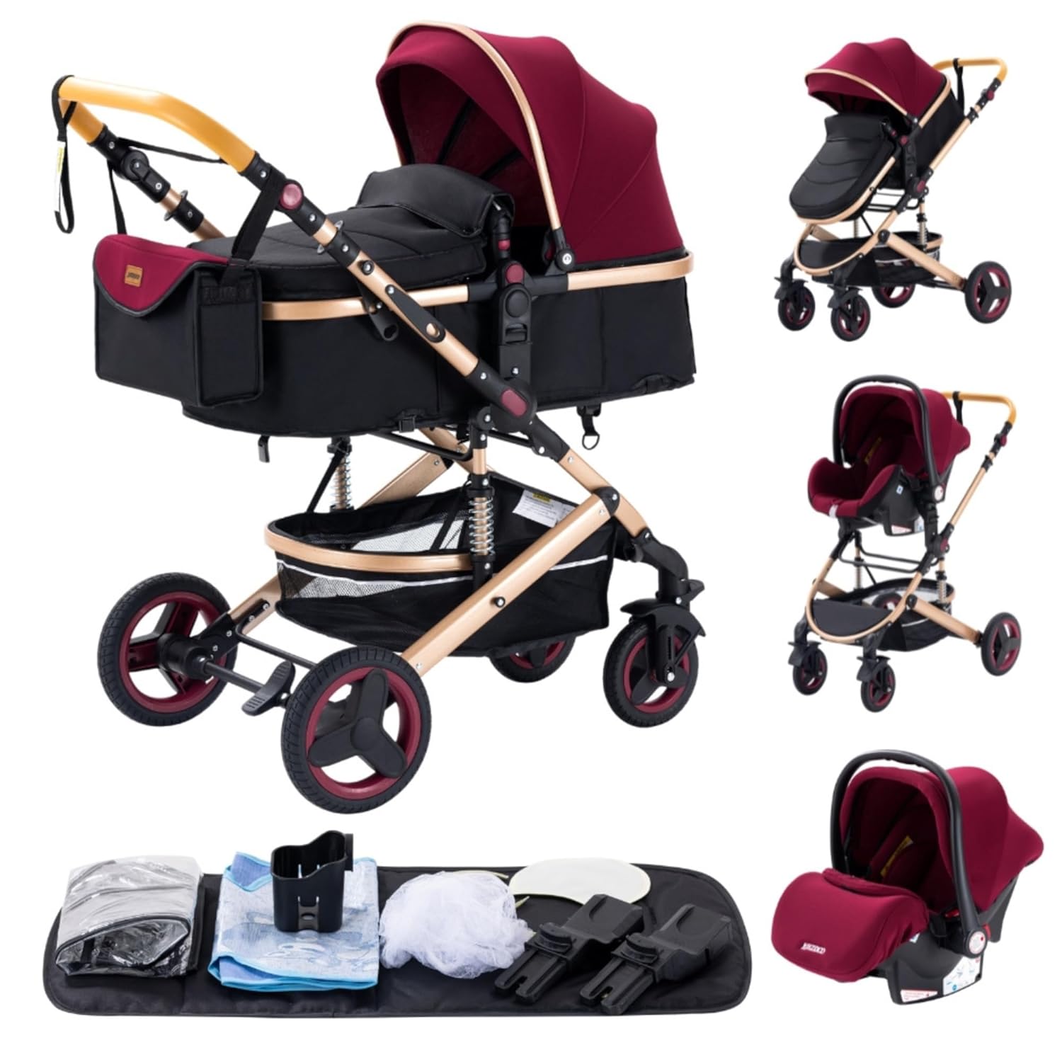 YAZOCO kinderwagen 3 in 1, Zusammenklappbar kinderwagen mit Wickeltasche,Komplettset Becherhalter,Moskitonetz, Fußabdeckung,Sitzzubehör (4 Rosa)