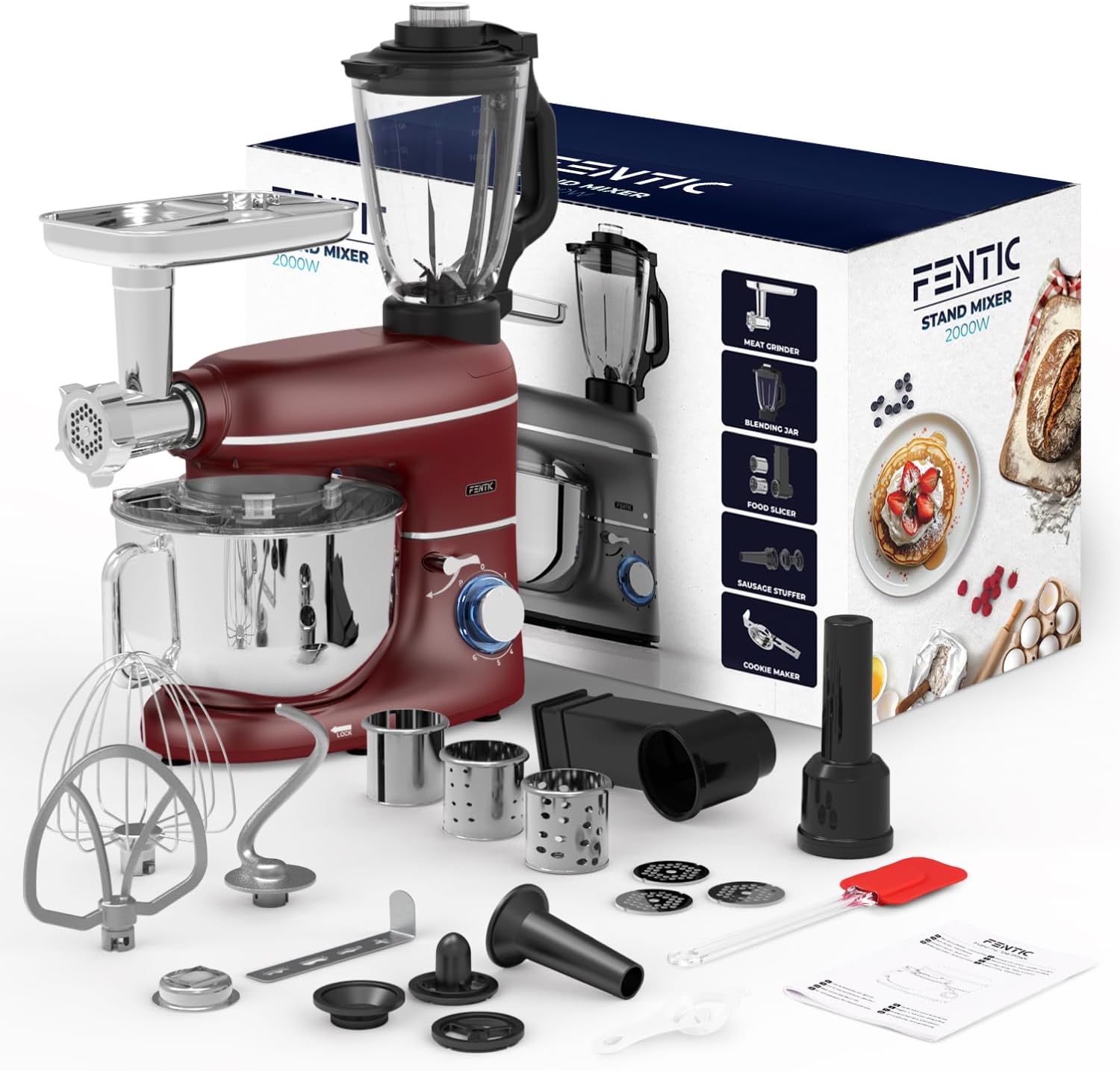 6-in-1 Küchenmaschine – 2000W – Mit Fleischwolf, 1,5L Entsafter, Gemüseschneider und Mehr – Knetmaschine mit 6,2L Rührschüssel, Rührhaken, Knethaken, Schlagbesen und Spritzschutz (Rot)