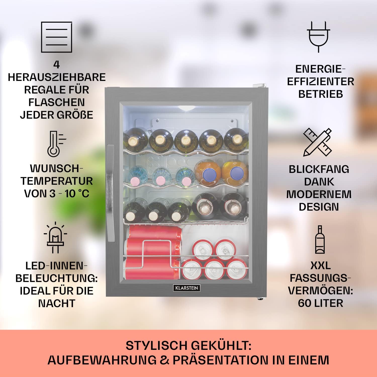 Klarstein Mini Kühlschrank mit Glastür, Mini, für Zimmer, Getränkekühlschrank Klein mit Verstellbaren Ablagen, mit Wellenform-Racks, 60 Liter Kühlschrank Leise