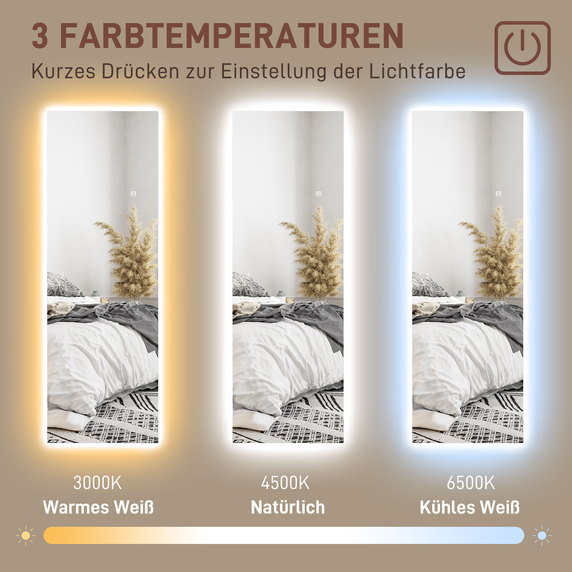 LED Volledige lichaamsspiegel, dimbaar, randloos, Touch-bediening, 40 x 120 cm