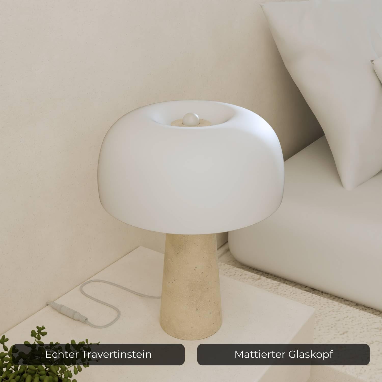 Lyra Design Tischleuchte mit Travertinfuß, LED Tischlampe aus Glas dimmbar 2200 K warmweiß