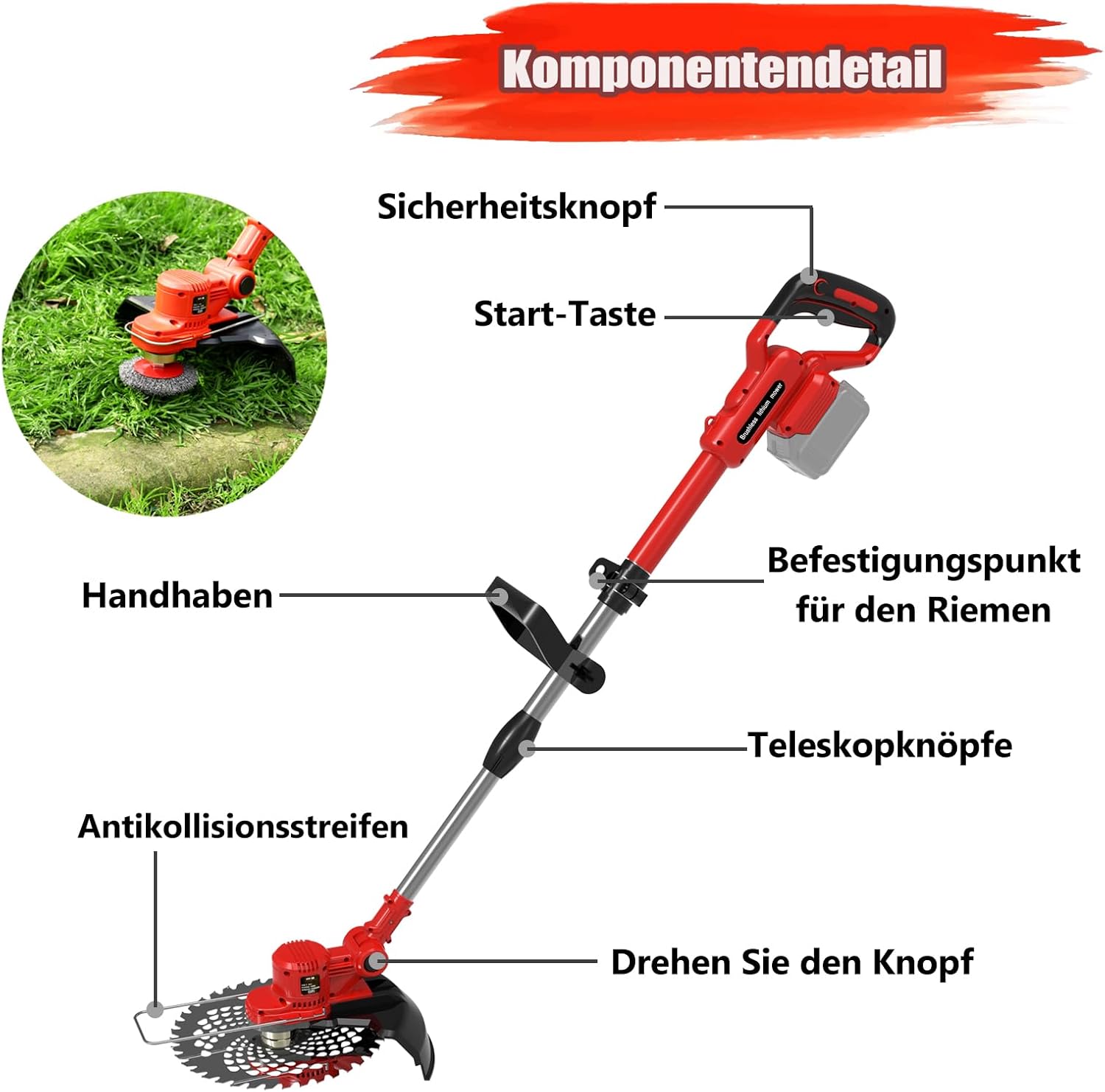 Akku Rasentrimmer für Makita-Akkus mit 5 Klingentypen Bürstenlose Rasentrimmer mit Unkrautbürste(ohne Akku) (Blue)