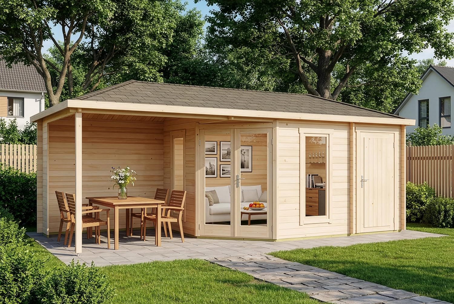 5-Eck Gartenhaus Liwa mit Anbau aus Holz in Naturbelassen mit 28mm Wandstärke und Überdachter Terrasse