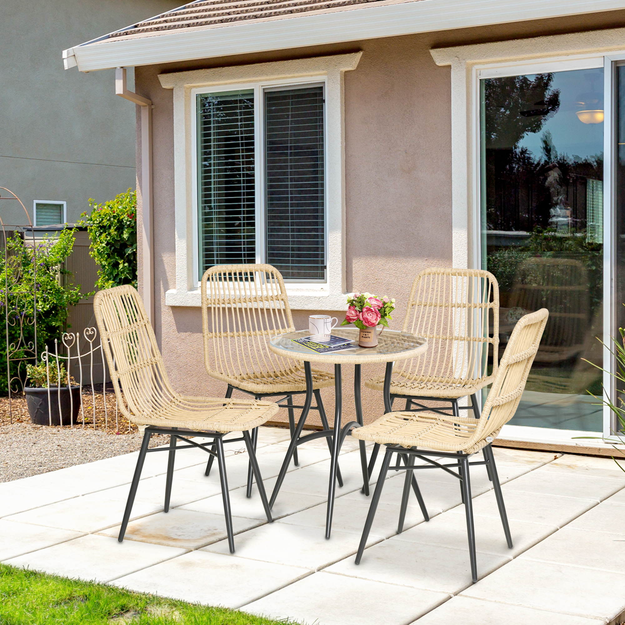Outsunny 5-delige Polyrattan tuinmeubelset, eettafel met 4 stoelen, tuinmeubel met bijzettafel, tuinset, buiten, metaal, naturel