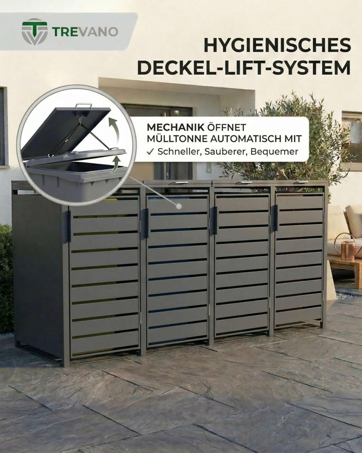 TREVANO Mülltonnenbox 3er 240l - Mülltonnenverkleidung 3 Tonnen Anthrazit - Robustes Mülltonnenhaus aus Stahl - Wetterbeständige Müllboxen für 3 Tonnen - Mülltonnen Unterstand 120l-240l