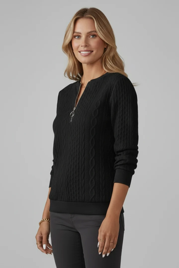 Damen Strickpullover mit Zopfmuster und Rei?verschluss am Kragen | Klassischer Troyer Pullover mit geradem Saum