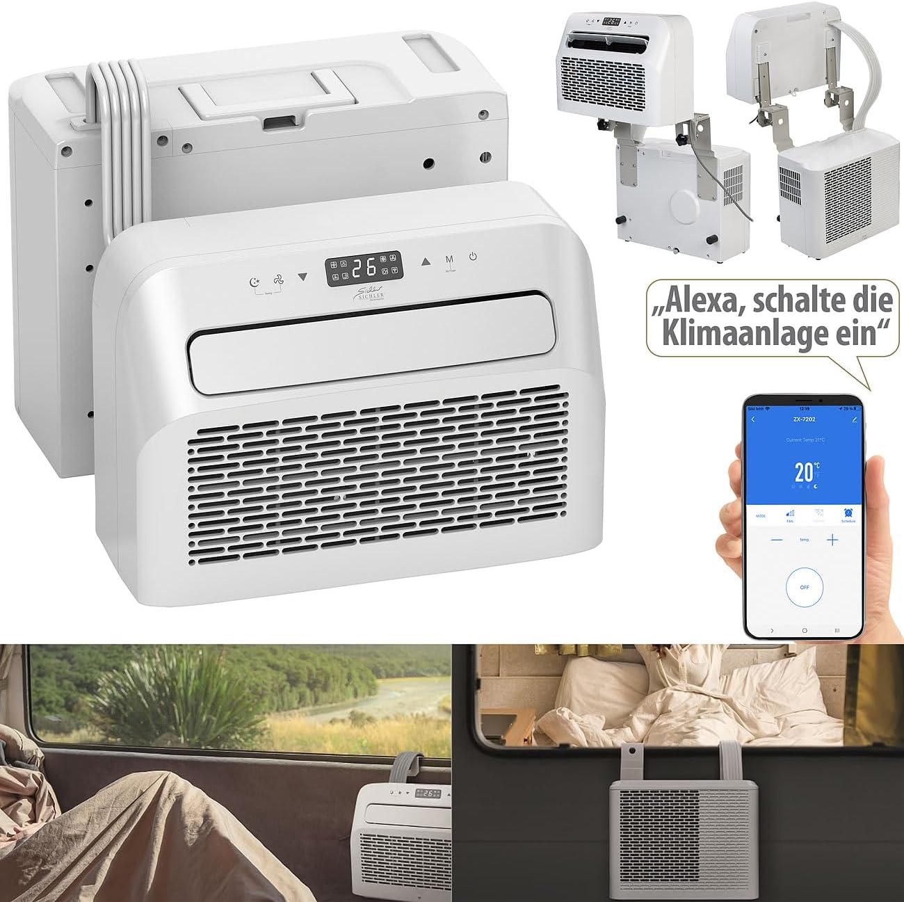 Sichler Haushaltsgeräte Klimaanlage Wohnwagen: Mobile Split-Klimaanlage, Entfeuchterfunktion, WLAN & App, 5.000 BTU/h (Mini Split, ohne Bohren, PCs)