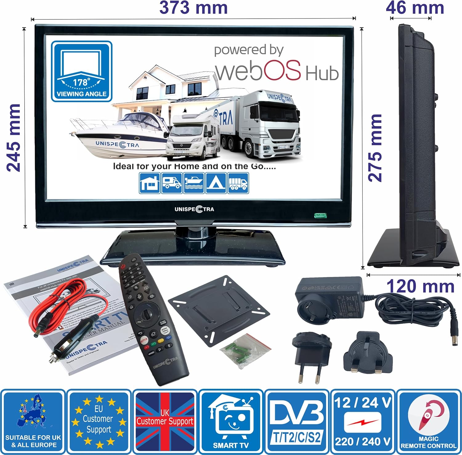 Unispectra® 16“ Smart TV (webOS) Full HD 230V 24V Triple Tuner: Sat, Antenne, Kabel TV, 3xHDMI, 2xUSB, Magic Remote. 12V Fernseher für Wohnmobile, Wohnwagen, LKWs, Lieferwagen, Boote