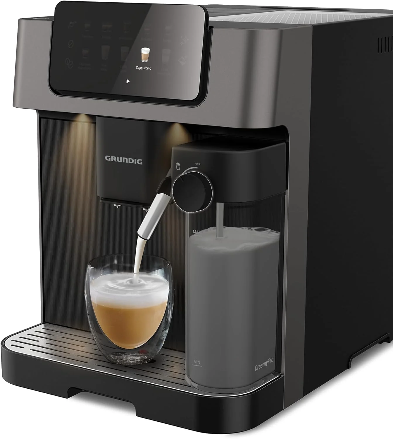 GRUNDIG KVA 7230 volautomatische koffiemachine, 10 koffiespecialiteiten, 13 maalfijnheden, melkreservoir, krachtig 1350 W, 19 bar pompdruk, dubbele uitloop, verlichting, Zwart/Donkerzilver