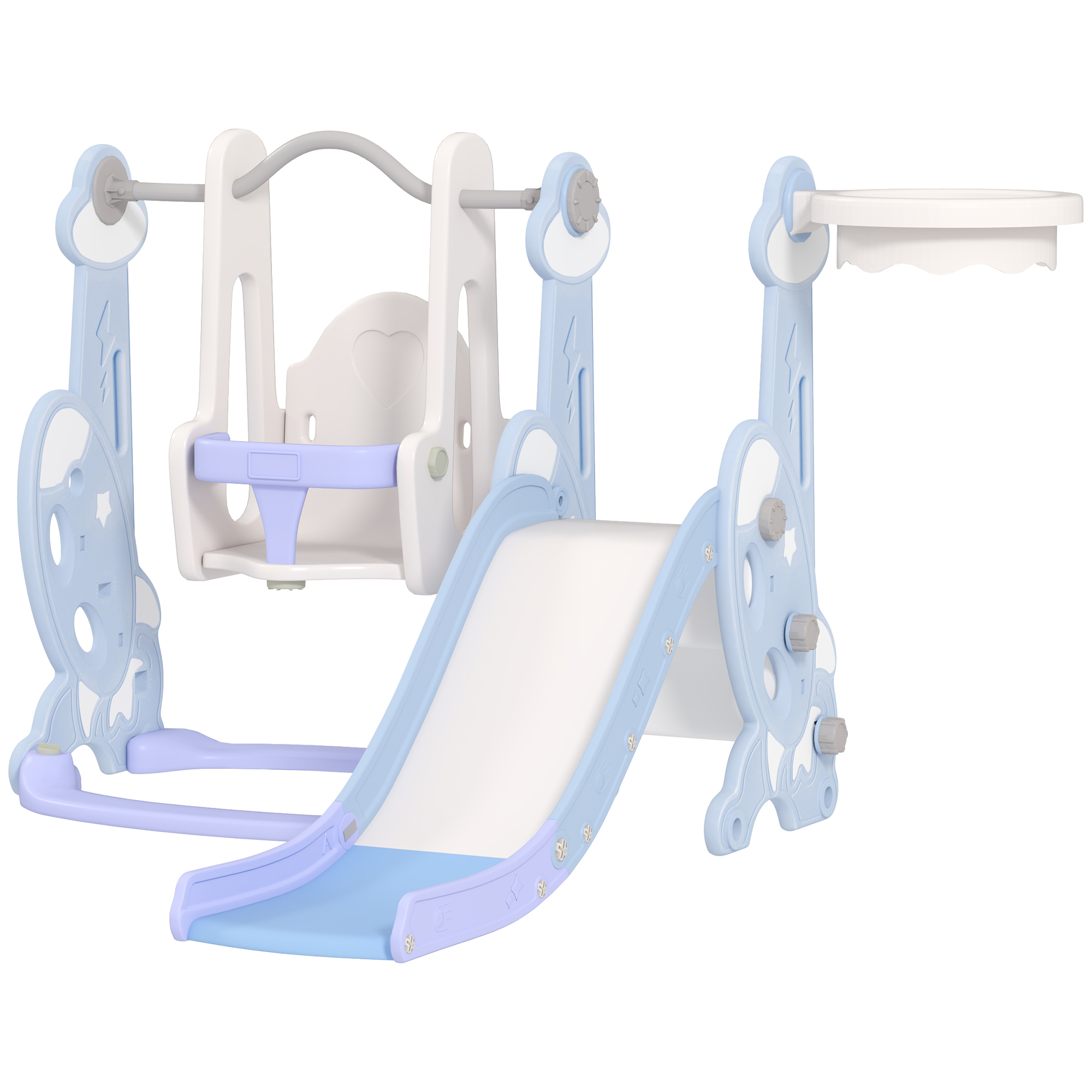 AIYAPLAY 4-in-1 Binnenspeelplaats, Glij- en Schommelset voor Peuters, Basketbalring, Raketontwerp, Kunststof, Lichtblauw