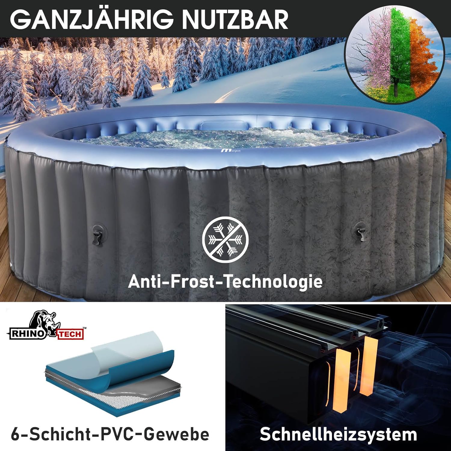 BRAST Whirlpool aufblasbar MSpa Bergen für 4-8 Personen | viele Größen Ø180-224cm | In- Outdoor Pool | Ganzjähriger Einsatz | bis zu 144 Massagedüsen | Stromsparend inkl. Energiespar-Timer | Bergen 6
