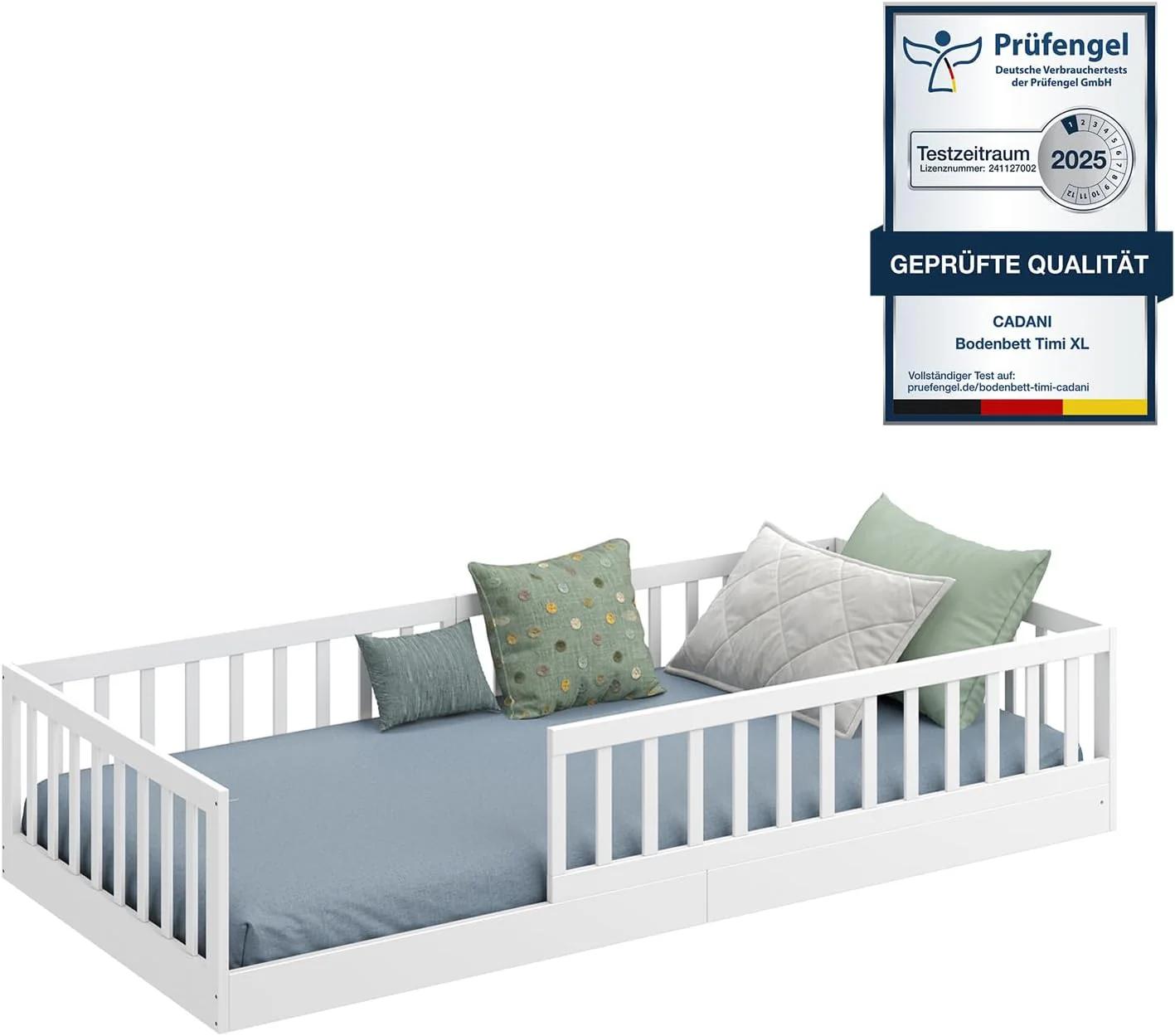 CADANI Timi 2-in-1 Vloerbed 140x200 cm Montessori Kinderbed met uitneembare valbeveiliging incl. lattenbodem, massief grenenhout, wit - 3 opbouwmogelijkheden, belastbaar tot 200 kg, ombouwbaar