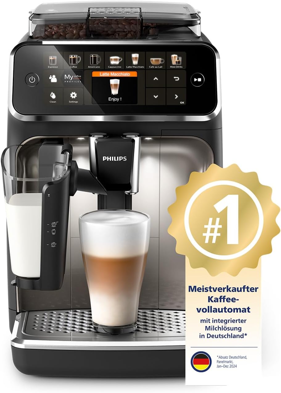 Philips Serie 5400 Kaffeevollautomat - LatteGo, 12 Getränke, Milchaufschäumer, Touchscreen, 4 Profile, Chrom-Finish (EP5447/90)