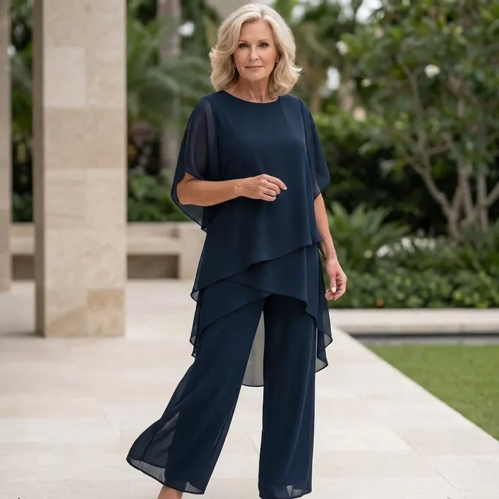 Zweiteiliges Chiffon-Set �C Asymmetrisches Lagen-Oberteil & Hose f��r Damen