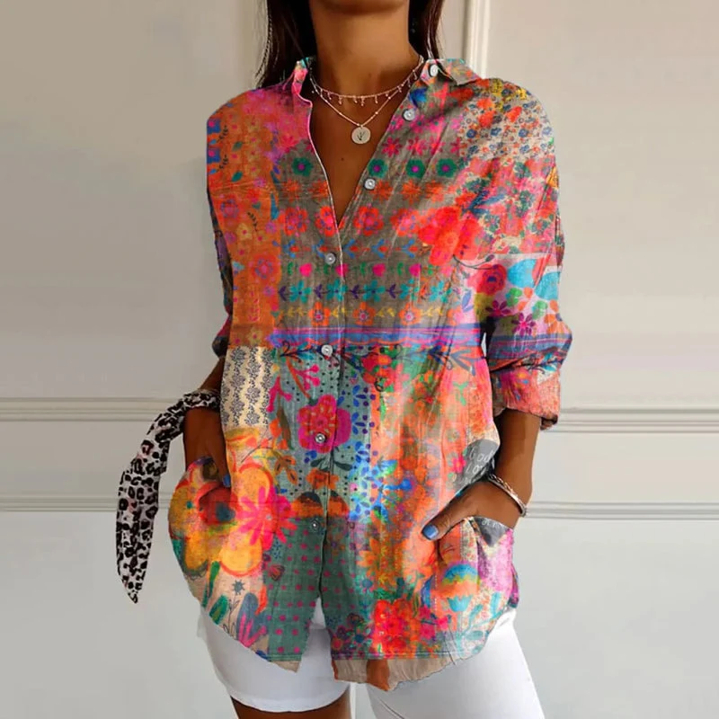 Damen Tunika Bluse mit Boho Print | Leichte Sommerbluse mit V-Ausschnitt und bunten Mustern | Locker geschnittene Hemdbluse
