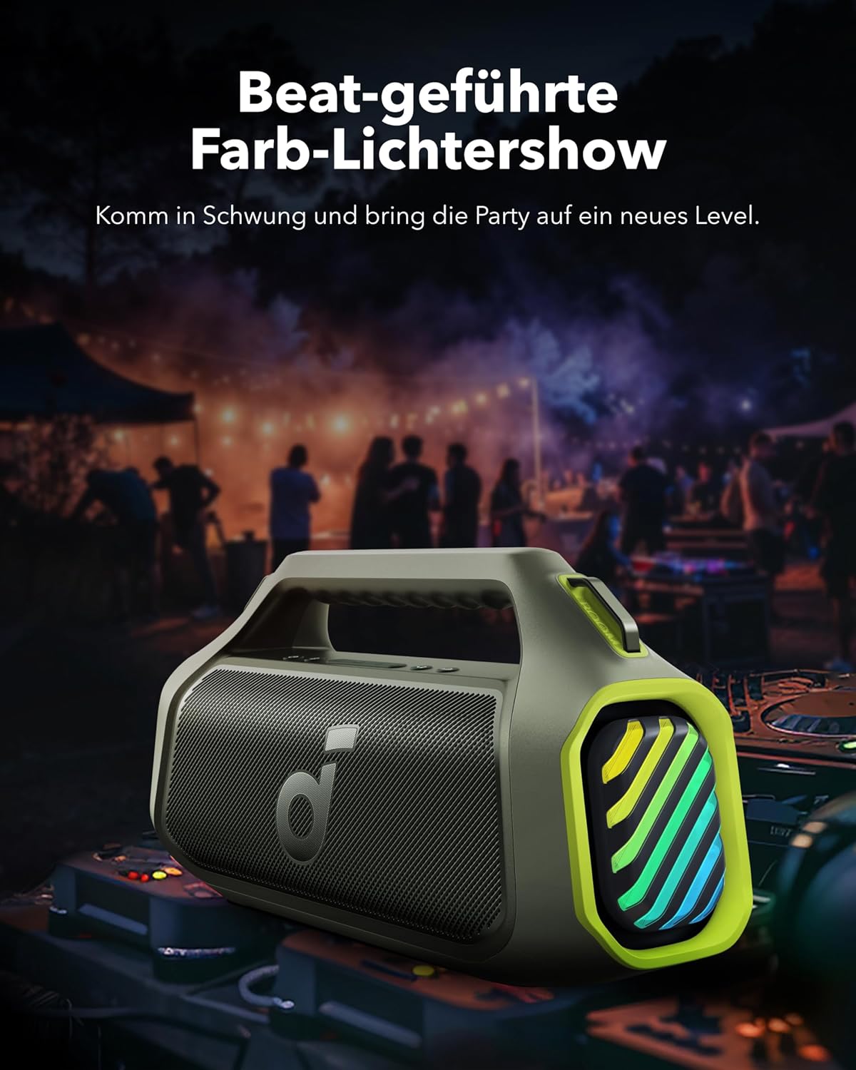 soundcore Boom 2 Plus Outdoor Lautsprecher, 140W, 2+2 Channel, BassUp 2.0, 20h, Schnellladung, IPX7 wasserdicht, RGB Lichter, USB-C, Power Bank, BT 5.3, tragbarer Bluetooth Lautsprecher, Camping