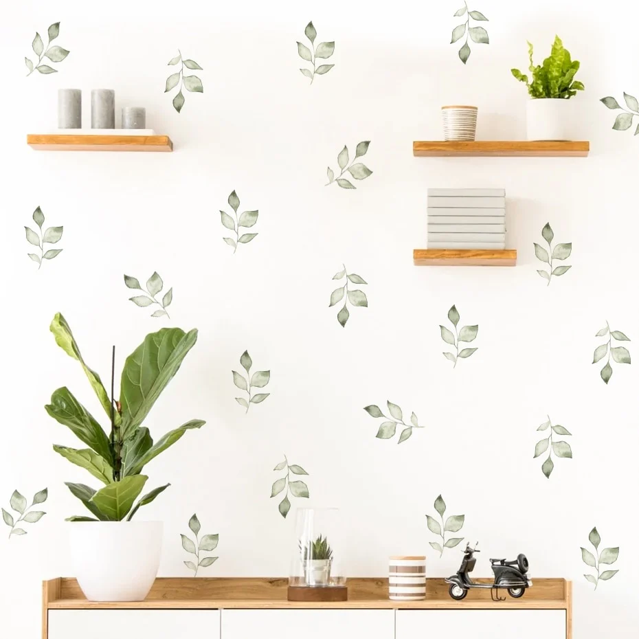 Boho Green Leaves Watercolor Wall Stickers for Nursery