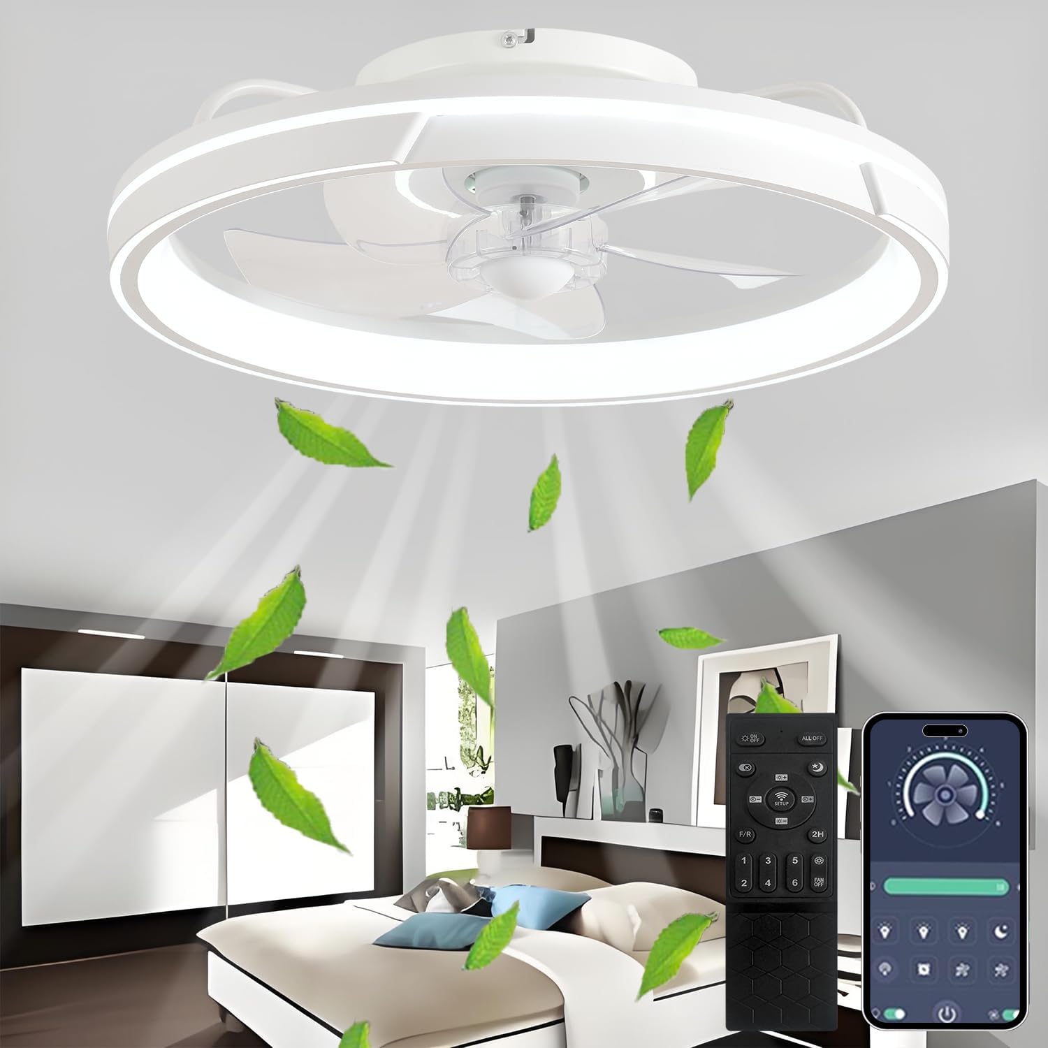 LED Deckenventilator mit Beleuchtung und Fernbedienung, Leise, 64W APP Dimmbare Deckenleuchte mit Ventilator, Umkehrbare 6-Speed Lampe mit Ventilator, 5 Lüfterflügel, Timer, (Weiß)