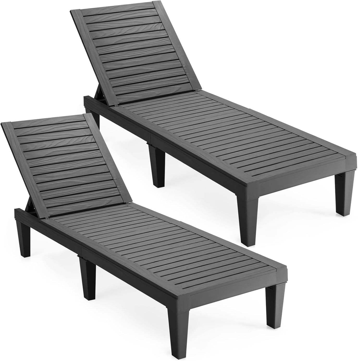 COSTWAY 2er Set Sonnenliege Kunststoff wetterfest, Gartenliege mit Verstellbarer Rückenlehne, Balkonliege, Terrassenliege Holzoptik, Liegestuhl bis 180 kg belastbar für Garten, Terrasse, Schwarz