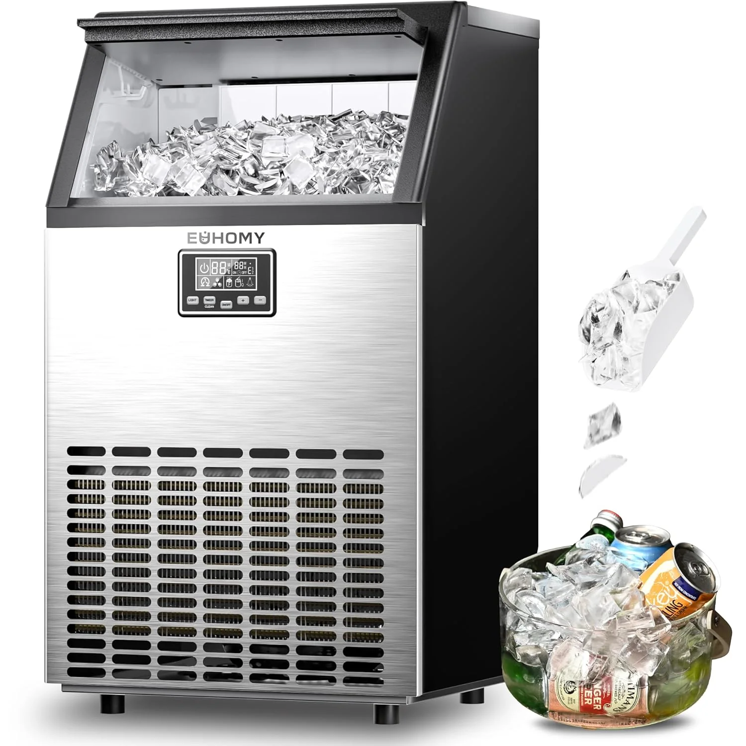 EUHOMY Commercial Ice Maker Machine, 100lbs/24H Stainless Steel Under Counter ice Machine with 33lbs Ice Storage Capacity, Freestanding Ice Maker.