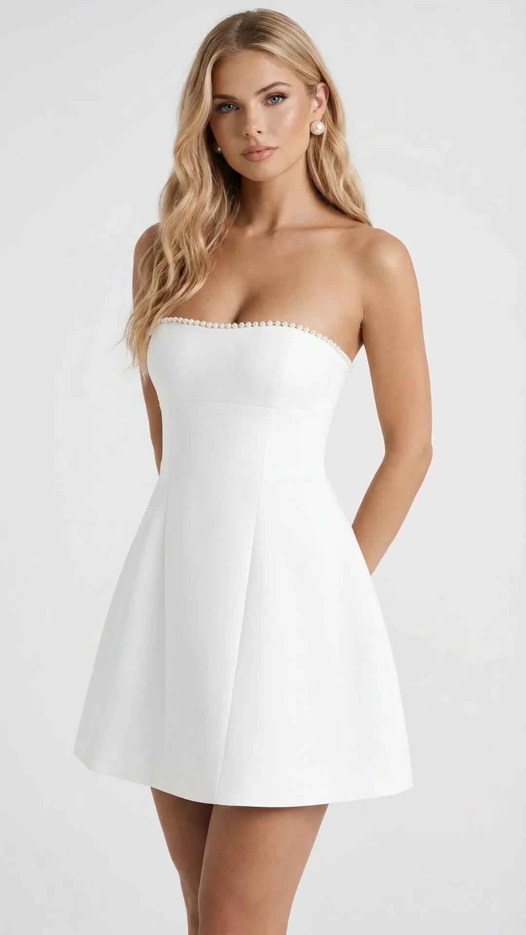 Tr?gerloses Minikleid mit Perlenbesatz und gro?er Schleife am R��cken | Stilvolles A-Linien Kleid mit seitlichen Taschen