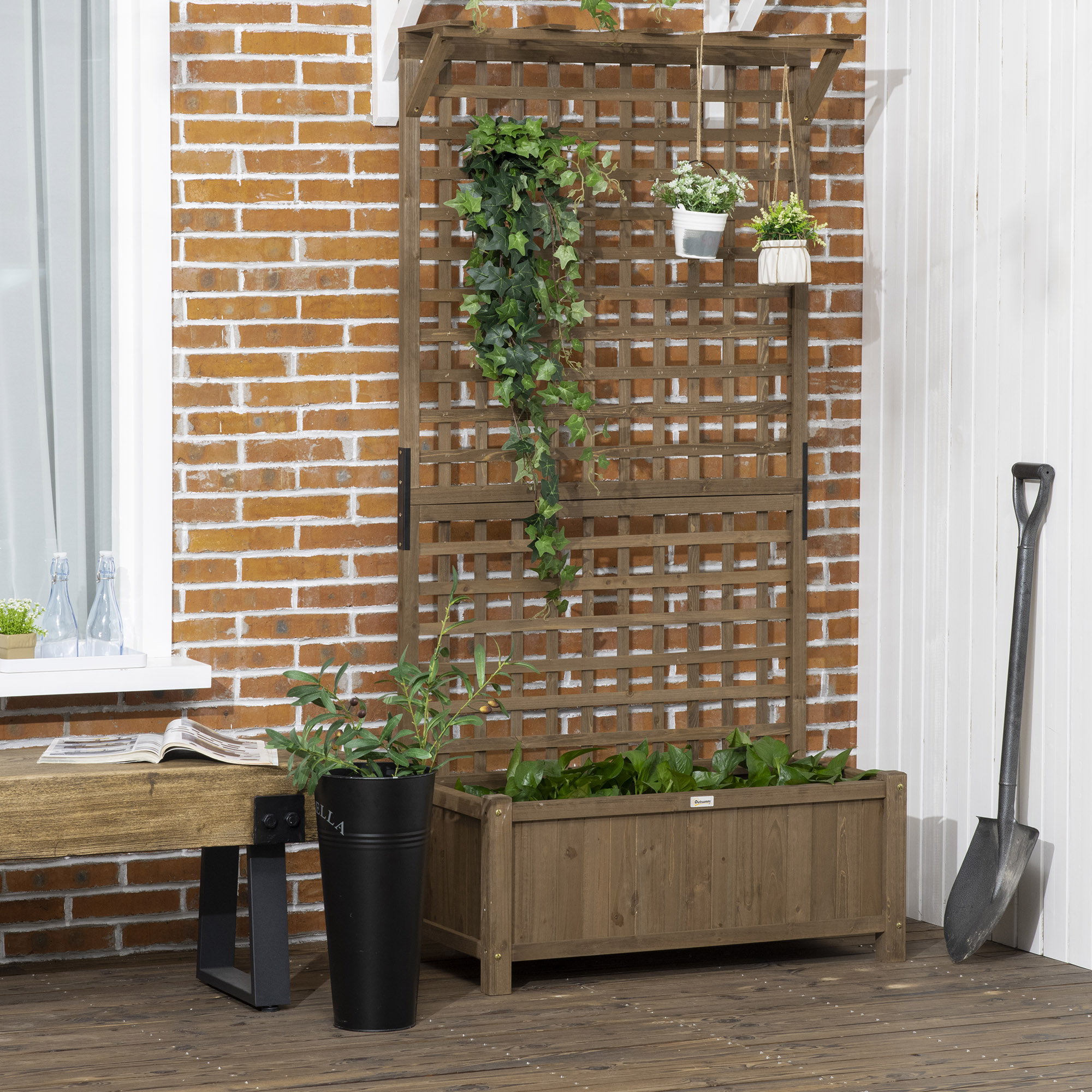 Outsunny Verhoogde plantenbak met trellis en dak, bloembak, bloemenbed, weerbestendig, hout, 90 x 45 x 183 cm, Bruin
