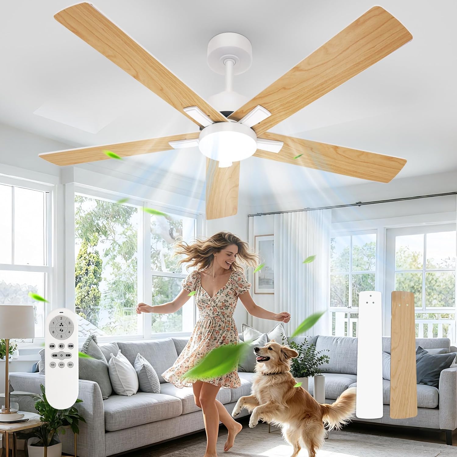Comely Deckenventilator mit Beleuchtung, DC, 132cm, 3 Farbtemperatur, Deckenlampe mit Ventilator mit 6 Geschwindigkeiten, Sommer Winterbetrieb Deckenventilator mit Licht für Schlafzimmer, Naturholz