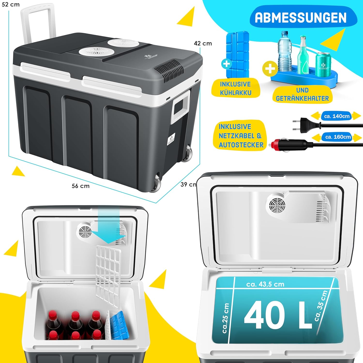 KESSER® Kühlbox 40L mit Rollen | Thermo-Elektrische Kühlbox | KÜHLT und WÄRMT | 12 & 230V | Thermobox für Auto, Boot & Camping | Mini-Kühlschrank mit ECO & MAX Modus