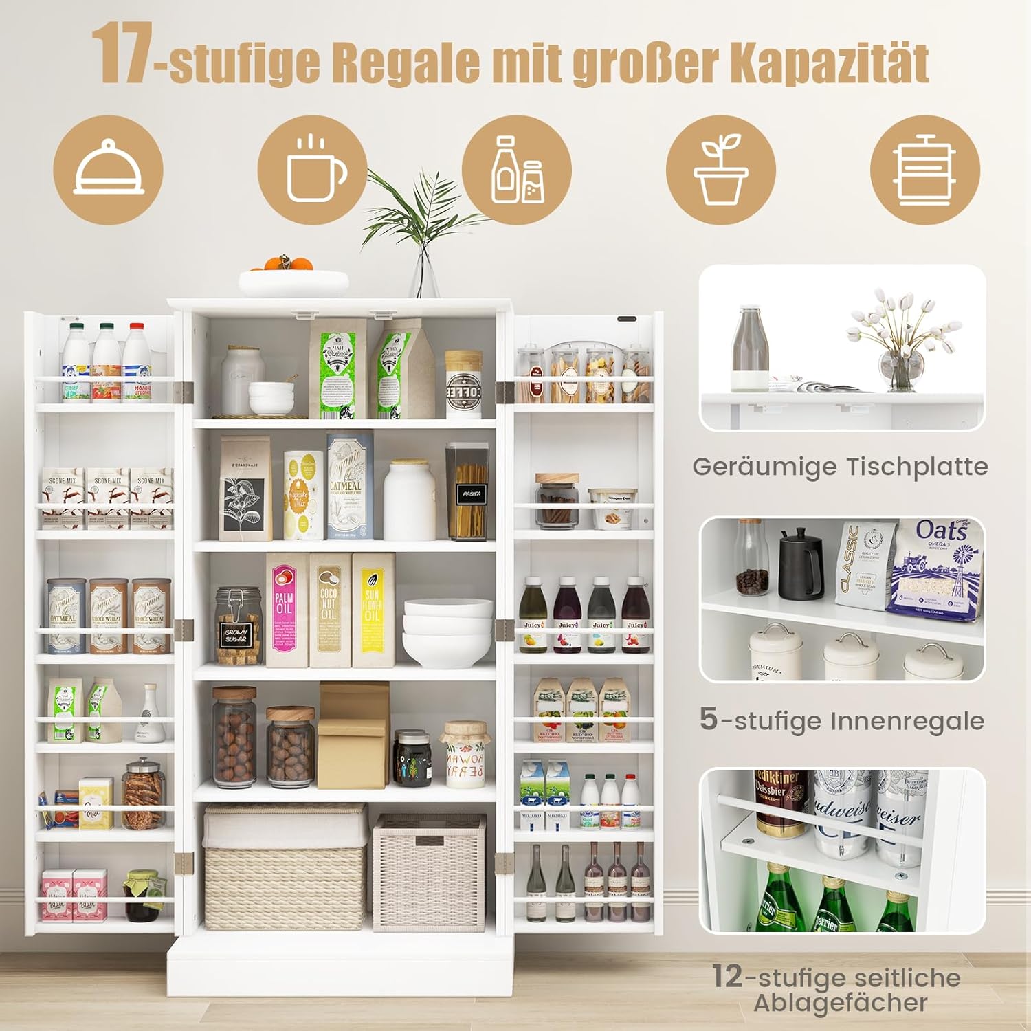 GOPLUS Vorratsschrank mit Türen, 120cm hoch Küchenschrank mit verstellbaren Regalen & Metallgriffen, Mehrzweckschrank Aufbewahrungsschrank für Küche, Esszimmer, & Wohnzimmer (Weiß)
