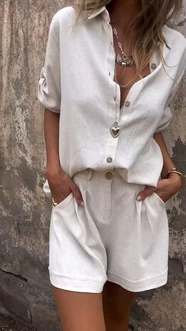 Damen Sommer-Set Zweiteiler | Luftige Bluse mit Knopfleiste und passende Shorts | Bequemes Freizeit-Outfit f��r warme Tage
