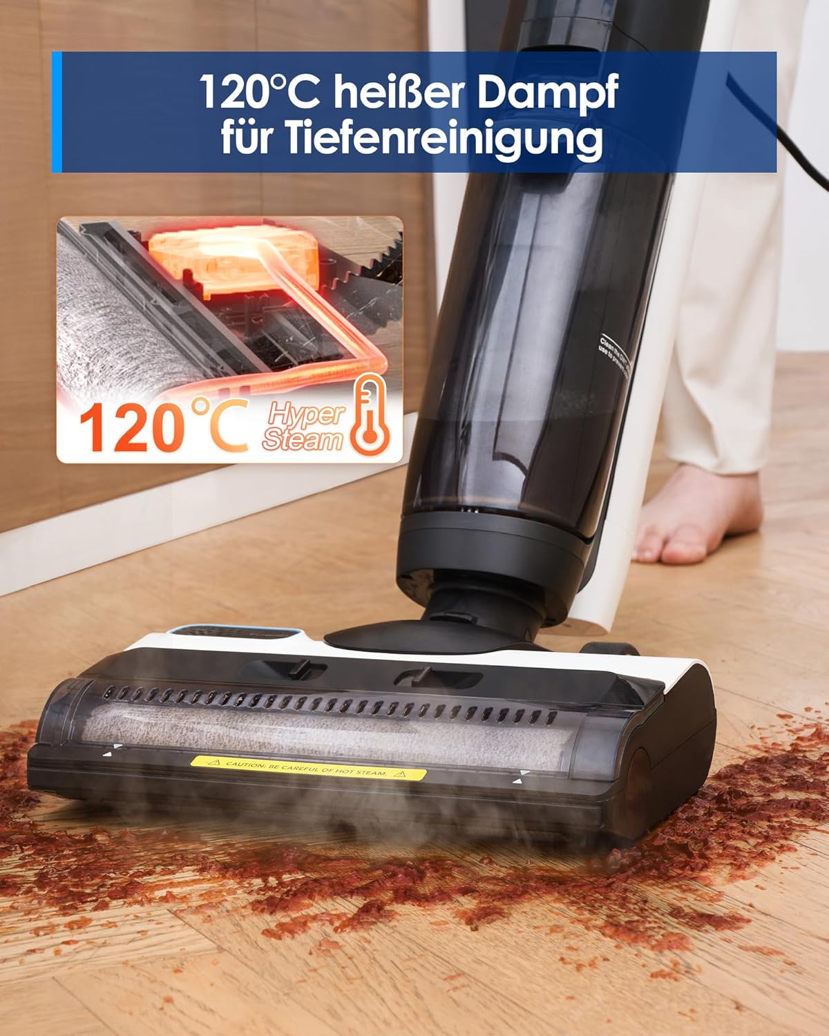 Tineco iFLOOR 5 Steam Nass Trockensauger, 120℃ Hochtemperatur-Dampf, Dampfreiniger mit Kabel, Selbstreinigung Nasssauger, Hartholz bodenreiniger für klebrige Verschmutzungen, Essensreste