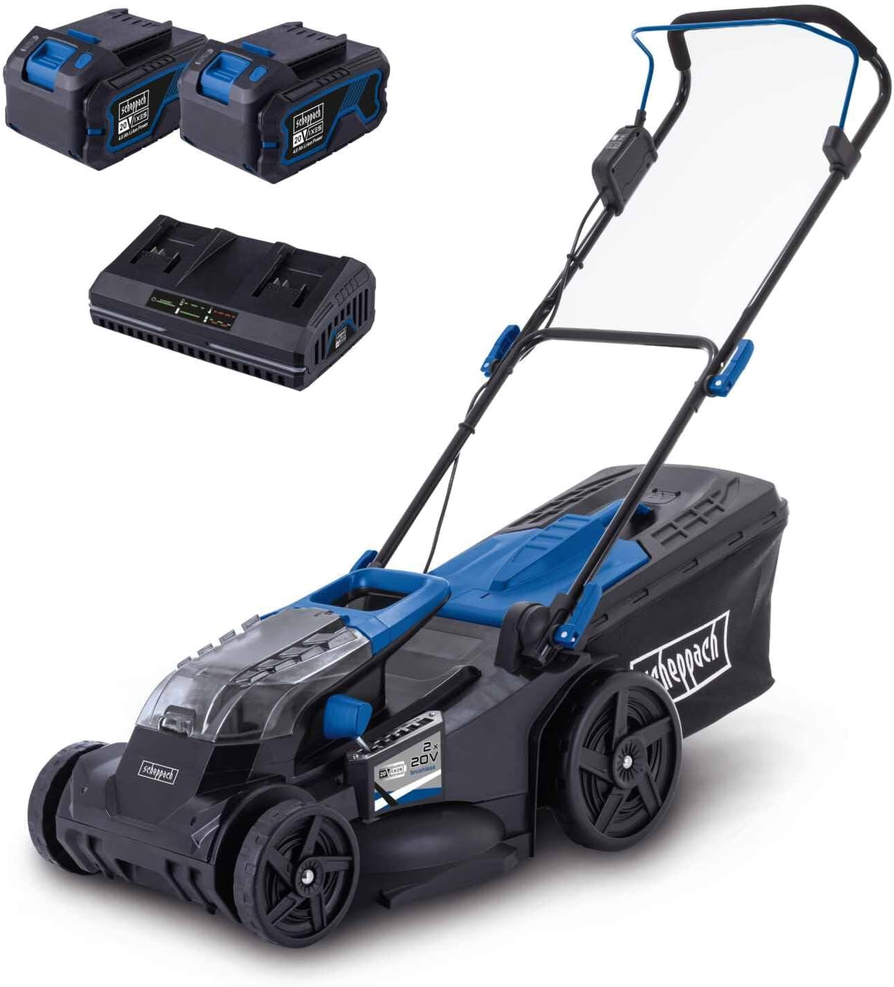 Scheppach Akku Rasenmäher BC-MP430-X 43cm Schnittbreite für 600-700m2 50L Korb Schnitthöhe 25-75mm Brushless 20V-IXES-Serie 10 Jahre Garantie 2X 4Ah Akku  und  Fastcharge Doppelladegerät